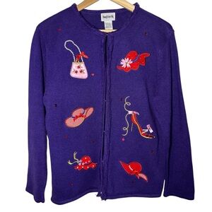 VTG BonWorth Red Hat Society Theme Cardigan MP Medium Purple Embroidered Ramie